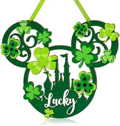 St. Patrick's Day Door Sign Mouse Shaped, Shamrock Wooden Hanging Sign Lucky Irish Welcome Wood Wreath Hanging Sign with Rope for Happy St. Patrick's Day Party Front Door Wall Home Decorations Green