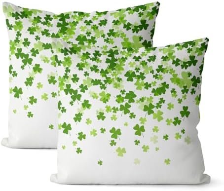 St Patricks Day Pillow Covers 18x18 Inch Set of 2, Lucky Green Shamrock Throw Pillows Seasonal Spring Decor Square Pillowcase Clover Farmhouse Outdoor Cushion Case Decorations for Home Party