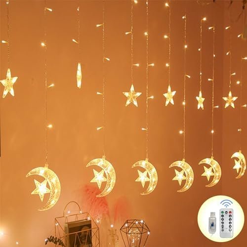 Star Moon Solar String Lights, Outdoor Moons Stars Lights, 138*LEDs Solar Curtain Lights with 8 Lighting Mode, with Remote Control, for Christmas Wedding Party Ramadan Eid Decoration Home