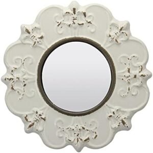 Stonebriar 8" Round Off White Ceramic Accent Wall Mirror with Attached Hanging Loop, Decorative Vintage Decor for the Living Room, Bedroom, Hallway, and Entryway