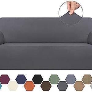 Stretch Couch Covers for 3 Cushion Couch Sofa Spandex Non-Slip Soft Couch Sofa Cover Slipcovers,Furniture Protector with Non Skid Foam and Elastic Bottom for Kids,Dogs(Large, Dark Grey)