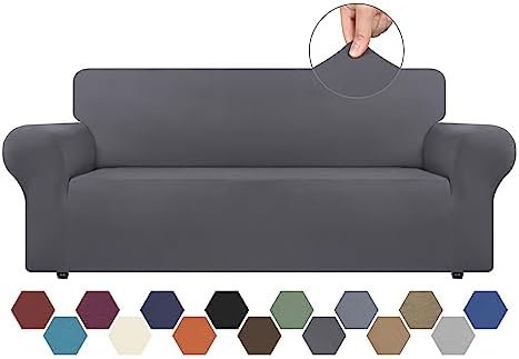 Stretch Couch Covers for 3 Cushion Couch Sofa Spandex Non-Slip Soft Couch Sofa Cover Slipcovers,Furniture Protector with Non Skid Foam and Elastic Bottom for Kids,Dogs(Large, Dark Grey)