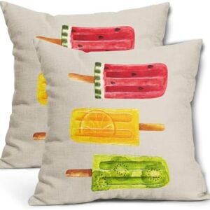 Summer Pillow Covers 18X18 Inch Set of 2 Watercolor Ice Cream Popsicle Decorative Pillow Cases Watermelon Orange Kiwi Fruits Cushion Case Seasonal Farmhouse Home Decor for Sofa Couch Porch Outdoor