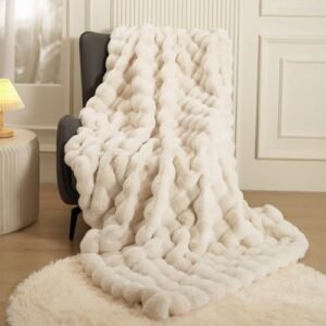 Super Comfort Oversized Warm Thick Bubble Double Sided Plush Rabbit Faux Fur Throw Blanket, Fluffy Blanket,Soft Cozy Blanket for Couch Chair Bed Sofa Living Room,White60'' x 80''