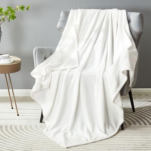 Super Soft Fuzzy Fleece Throw Blanket for Couch Sofa 50" x 60", Decorative Solid Lightweight Velvet Blanket for Chair, Cozy Accent Shaggy Micro Plush Flannel Blanket for Bedroom Dorm, White