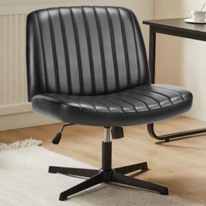 Sweetcrispy Criss Cross Chair Legged, Armless Office Desk Chair No Wheels, Swivel Vanity Chair, Height Adjustable Wide Seat Computer Task Chair, Fabric Vanity Modern Home Chair Black