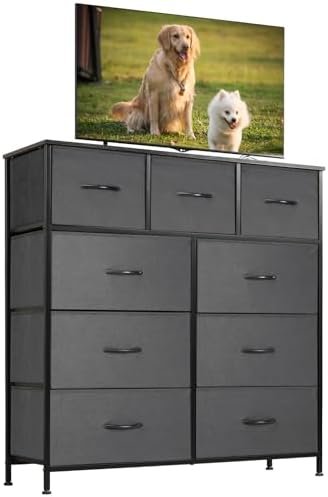 Sweetcrispy Dresser for Bedroom with 9 Fabric Drawers, Tall Chest Storage Tower, Organizer Units for Clothing Closet, Kidsroom Furniture, Steel Frame, Wood Top, Lightweight Quick Assemble Cabinet