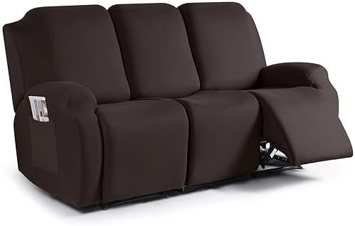 TAOCOCO Recliner Sofa Slipcover, 3 Pieces Polyester Fabric Stretch Sofa Covers for 3 Seat Reclining Couch, Soft Washable Furniture Protector with Pockets (3 Seat, Coffee)