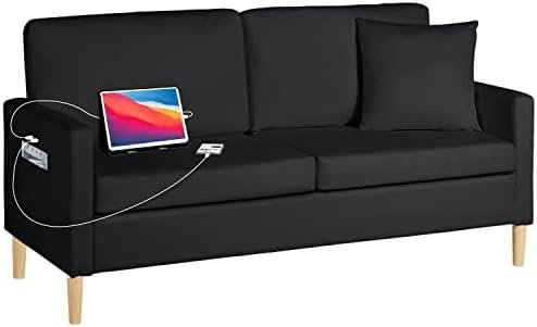 TYBOATLE 66" W Faux Leather Loveseat Sofa w/ 2 USB Charging Ports and Pillow, Mid-Century Modern Couch Love Seats, Living Room Accent Sofas Couches for Small Spaces, Apartment, Bedroom, Dorm (Black)