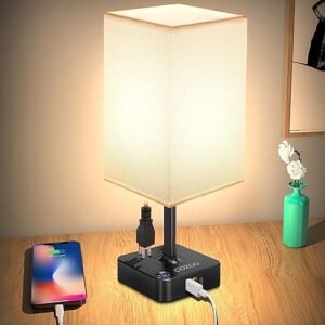 Table Lamp Dimmable cozoo USB Bedside Table Desk Lamp with 3 USB Charging Port(A+C) 2 Outlet,Nightstand Lamp with Charger Base White Fabric Shade,LED Touch Lamp for Bedroom/LivingRoom/Dorm/Home Office