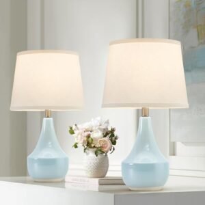 Table Lamp Set of 2, Ceramic Table Lamp Classic Beside Lamps Nightstand Lamp Modern Table Lamp for Living Room, Bedroom & Office Rocker Swtich Sky Blue-LED Bulbs Included