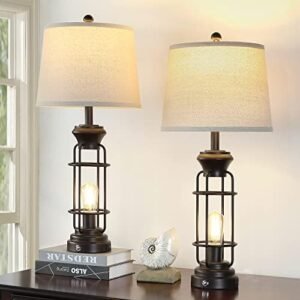 Table Lamp Set of 2 with USB Ports, 29.3" Tall Farmhouse Table Lamp with 2 Nightlight Bulbs, Oil Rubbed Bronze Bedside Lamp with White Oatmeal Lampshade for Living Room Bedroom ,Bulbs Included