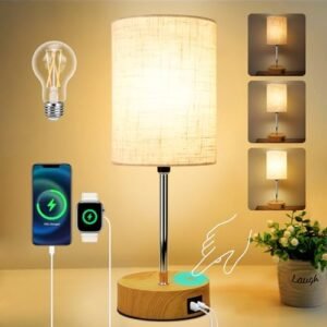 Table Lamp for Bedroom Touch Control 3-Way Dimmable Bedside Lamps with USB Charging Ports Small Lamp with Linen Fabric Shade Wood Nightstand Lamp for Living Room Table Lamps for Bedrooms with Bulb