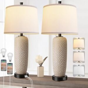 Table Lamps Set of 2, Boho Modern Bedside Lamps with Dual USB Ports, 27" 3-Color Temperature Coastal Nightstand Lamp with White Fabric Shade for Living Room, Bedroom (LED Bulbs Included)