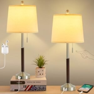 Table Lamps for Nightstand Set of 2, Modern Bedside Lamps with USB Ports and Outlets, Pull Chain Beside Table Lamp for Bedroom with Linen Fabric Shade, Bedside Lamp for Living Room（Bulbs included）