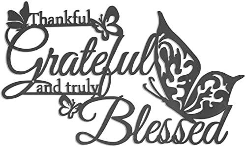 Thankful Grateful and Truly Blessed Art Word Wall Sign Decor, Black Metal Hanging Wall Home Decoration with Butterflies, KHayRovies Iron Letters Sculpture Bedroom Living Room Kitchen (A)