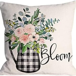 Throw Pillow Covers Spring Pillow Case Gather Together Floral Buffalo Plaid Bonsai Pot Pillow Covers Throw Case Spring Seasonal Decorative for Bed Sofa Home Decor,18x18