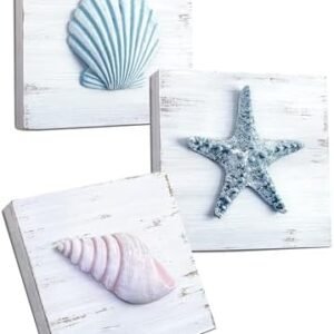 TideAndTales 3D Art Beach Wall Decor - Coastal Decor with Seashell and Starfish for Beach Bathroom Decor, Ocean Decorations for Home, Bedroom, Living Room or Beach House Decor, Set of 3 (6”x 6”)