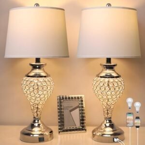 Touch Control Modern Crystal Diamond Bedside Table Lamp Set of 2 with USB A+C Chrome Dimmable Comtempory Glam Silver Nightstand Lamp for Bedroom Living Room End Tables(2 Dimmable Bulbs Included)