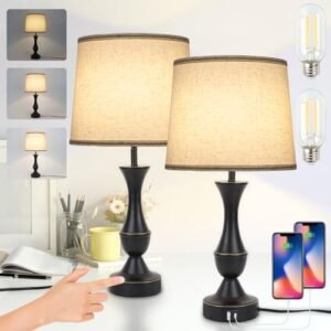 Touch Lamps for Bedrooms Set of 2, Farmhouse Table Lamp with USB C Charging Port, 3 Way Dimmable Nightstand Lamps with Linen Fabric Lampshade for Bedroom, Living Room (Pack2-Black)