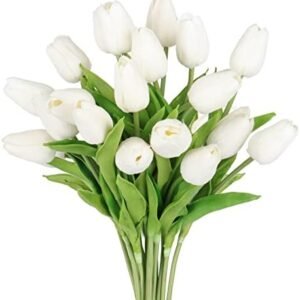 Tulips Artificial Flowers 20 Pcs White Fake Tulip Stems Real Touch PU Tulips for Easter Spring Wedding Bouquet Home Centerpiece Floral Arrangement Table Décor