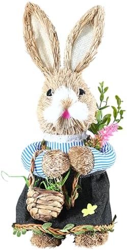 UAEYW Easter Straw Bunny Figurine Decorations,13 Inch Standing Rabbit Statue Holding Basket Hand-Woven Straw Artificial Animal for Spring Garden Decor Festival Home Table Ornament (Mrs)