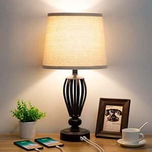 USB Bedside Lamp, 3-Way Dimmable Touch Table Lamp with Dual USB Charging Ports Industrial Table Lamp Black Metal Base Farmhouse Reading Lamp for Bedroom, Living Room, Office or Study LED Bulb Included