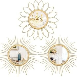 Uaussi 3 Pack Gold Mirrors for Wall Metal Sunburst Wall Mirrors Home Décor Decorative Hanging Wall Art for Living Room Bedroom Entryway