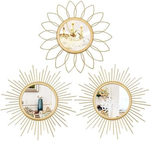 Uaussi 3 Pack Gold Mirrors for Wall Metal Sunburst Wall Mirrors Home Décor Decorative Hanging Wall Art for Living Room Bedroom Entryway