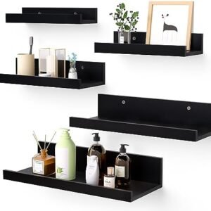 Upsimples Home Floating Shelves for Wall Decor Storage, Wall Shelves Set of 5, Wall Mounted Wood Shelves for Bedroom, Living Room, Bathroom, Kitchen, Small Picture Ledge Shelves, Black