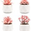 VIVERIE Mini Succulents Plants Artificial in Pots-Rose Pink, Small Fake Succulents Plants for Home Decor Indoor for Women, White Ceramic, Set of 4