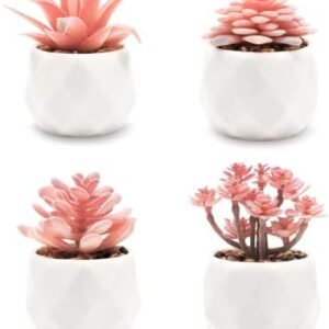 VIVERIE Mini Succulents Plants Artificial in Pots-Rose Pink, Small Fake Succulents Plants for Home Decor Indoor for Women, White Ceramic, Set of 4