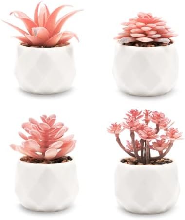 VIVERIE Mini Succulents Plants Artificial in Pots-Rose Pink, Small Fake Succulents Plants for Home Decor Indoor for Women, White Ceramic, Set of 4