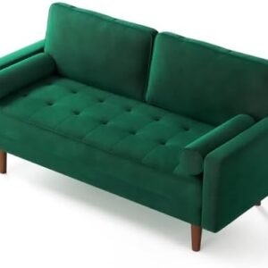 Vesgantti 58 inch Loveseat Sofa, Modern Couches with Button Tufted Seat Cushion, Velvet Sofa with 2 Bolster Pillows, Track Armrest, 2 Seater Couches for Living Room, Bedroom, Apartment, Green