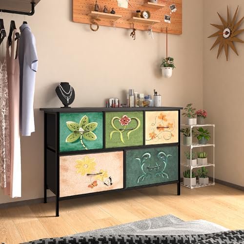 Vintage Fabric Dresser for Bedroom with Steel Frame, Wood Top, 5 Drawer Dresser, Storage Tower with Fabric Bins,Narrow Dresser Chest of Drawers Boho Furniture for Living Room,Hallway