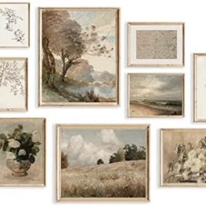 Vintage Wall Art Decor Rustic Wall Decor Aesthetic Farmhouse Wall Pictures Vase Flower Boho Canvas Wall Art Prints Netural Wall Art for Bedroom Living Room Nature Landscape Jasmine Tree Sea Grassland