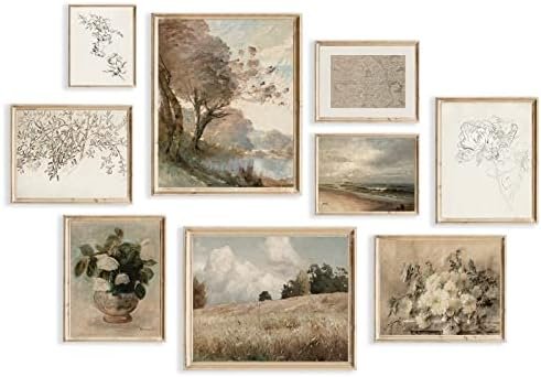 Vintage Wall Art Decor Rustic Wall Decor Aesthetic Farmhouse Wall Pictures Vase Flower Boho Canvas Wall Art Prints Netural Wall Art for Bedroom Living Room Nature Landscape Jasmine Tree Sea Grassland