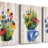 Vintage Wood grain plant flowers wall art for kitchen Wall Decorations for Living Room Bathroom Decorations room Wall decor 3 Pieces Framed Canvas print Artwork modern Office Home Decor paintinge