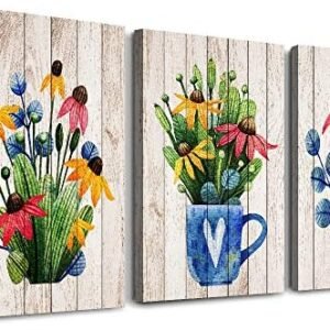 Vintage Wood grain plant flowers wall art for kitchen Wall Decorations for Living Room Bathroom Decorations room Wall decor 3 Pieces Framed Canvas print Artwork modern Office Home Decor paintinge