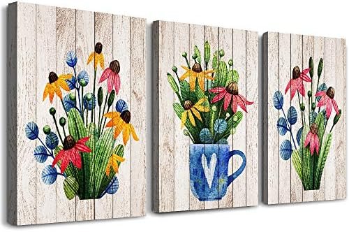 Vintage Wood grain plant flowers wall art for kitchen Wall Decorations for Living Room Bathroom Decorations room Wall decor 3 Pieces Framed Canvas print Artwork modern Office Home Decor paintinge