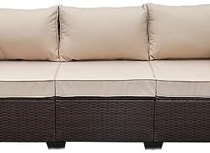 WAROOM Patio Couch PE Wicker 3-Seat Outdoor Brown Rattan Sofa Deep Seating Furniture with Non-Slip Beige Cushion