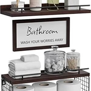 WOPITUES Floating Shelves with Bathroom Wall Décor Sign,Wood Floating Bathroom Shelves Over Toilet with Toilet Paper Storage Basket Set of 3, Floating Shelf with Guardrail for Wall Décor–Rustic Brown