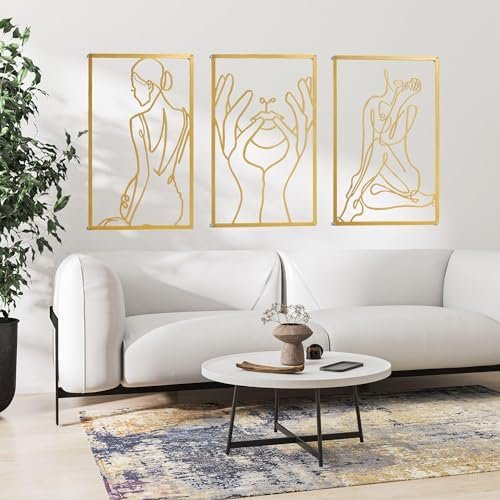 Wall Art Gold Metal Wall Art 3 Pcs Wall Decor for Living Room Bedroom Women Aesthetic Abstract Metal Wall Art for Living Room Bathroom Farmhouse Dining Room Apartment Decorations Bedroom Wall Decor