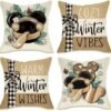 Warm Winter Wishes Decorative Throw Pillow Covers 16 x 16 Set of 4, Cozy Vibes Cartoon Mouse Pine Needle Farmhouse Outdoor Pillowcase, Seasonal Christmas Holiday Cushion Case Home Decor