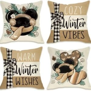 Warm Winter Wishes Decorative Throw Pillow Covers 16 x 16 Set of 4, Cozy Vibes Cartoon Mouse Pine Needle Farmhouse Outdoor Pillowcase, Seasonal Christmas Holiday Cushion Case Home Decor