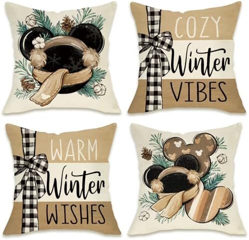 Warm Winter Wishes Decorative Throw Pillow Covers 16 x 16 Set of 4, Cozy Vibes Cartoon Mouse Pine Needle Farmhouse Outdoor Pillowcase, Seasonal Christmas Holiday Cushion Case Home Decor