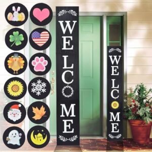 Welcome Sign for Front Door, 47 X 7.9 Inch Wooden Welcome Sign for Front Porch with 12 Interchangeable Holiday Sign, Farmhouse Rustic Outdoor Porch Sign for Spring, St Patrick, Valentine's Day