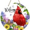 Welcome Spring Summer Cardinal Front Door Sign, Red Bird Hydrangea Sunflower Wood Door Hanger Outdoor Outside Porch Decor, Daisy Flower Seasonal Wooden Wreath Indoor Wall Hanging Decoration