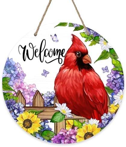 Welcome Spring Summer Cardinal Front Door Sign, Red Bird Hydrangea Sunflower Wood Door Hanger Outdoor Outside Porch Decor, Daisy Flower Seasonal Wooden Wreath Indoor Wall Hanging Decoration