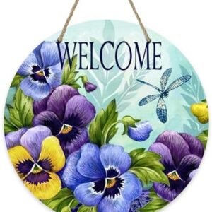 Welcome Spring Summer Floral Flower Sign for Front Door Decor, Pansy Dragonfly Wood Door Hanger for Outdoor Outside Porch, Seasonal Vintage Wooden Wreath Indoor Wall Hanging Decoration